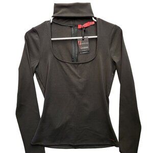 N:Philanthropy Women Casual Top Black Long Sleeve Mock Neck Cutout Ribbed S NWT!